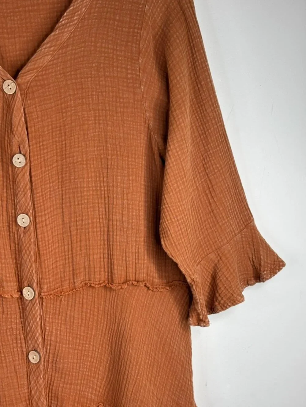 Easel Gauze Dress M Rust Button Front 3/4 Flare Sleeve Boho Minimalist Prairie